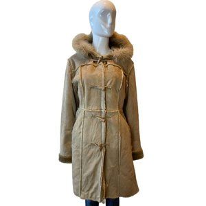 Ruff Hewn Womens Vintage 1980Faux Fur Long Coat Suede Hooded Outerwear Tan Large